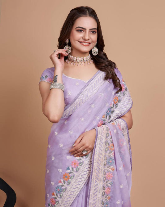 Fantastic Lavender Color Organza Embroidery Work Saree