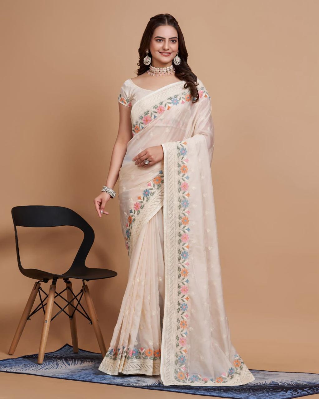 Fantastic Cream Color Organza Embroidery Work Saree