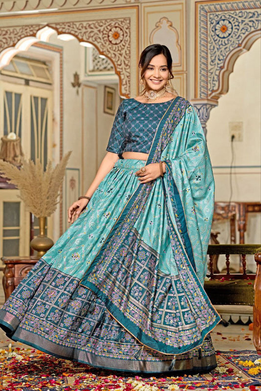 Festive Wear Tussar Silk Sky Blue Color Lehenga Choli