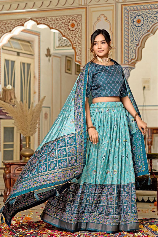 Festive Wear Tussar Silk Sky Blue Color Lehenga Choli