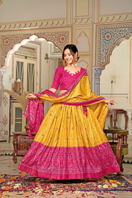 Festive Wear Tussar Silk Yellow Color Lehenga Choli