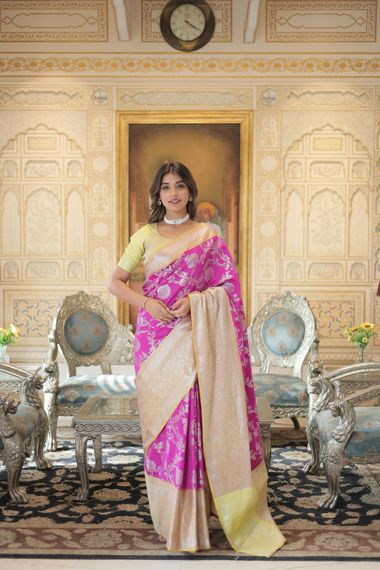 Delightful Zari Weaving Pink Color Kanjivaram Silk Saree