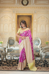 Delightful Zari Weaving Pink Color Kanjivaram Silk Saree