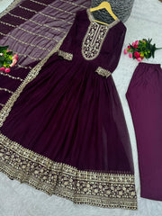 Preferable Wine Color Sequence Work Long Anarkali Gown