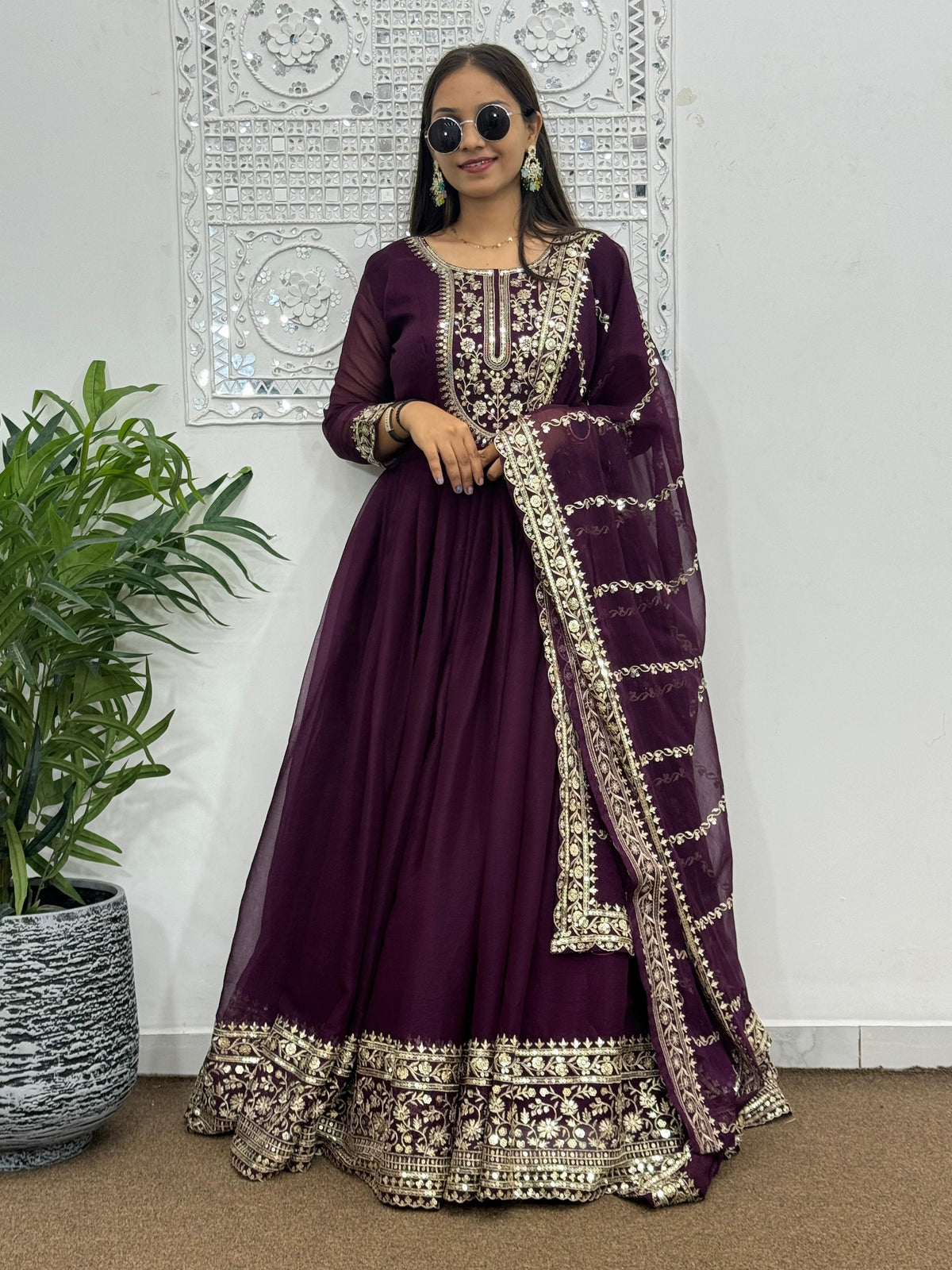 Preferable Wine Color Sequence Work Long Anarkali Gown