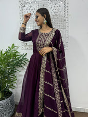 Preferable Wine Color Sequence Work Long Anarkali Gown