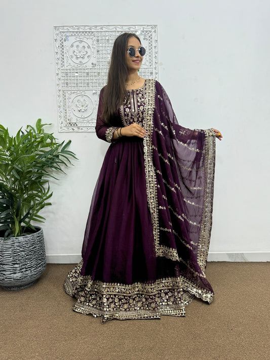 Preferable Wine Color Sequence Work Long Anarkali Gown