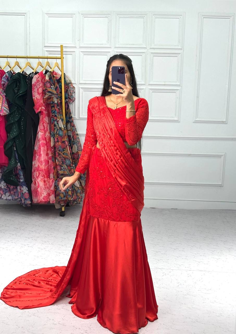 Opulent Red Color Attached Dupatta Lehenga Saree