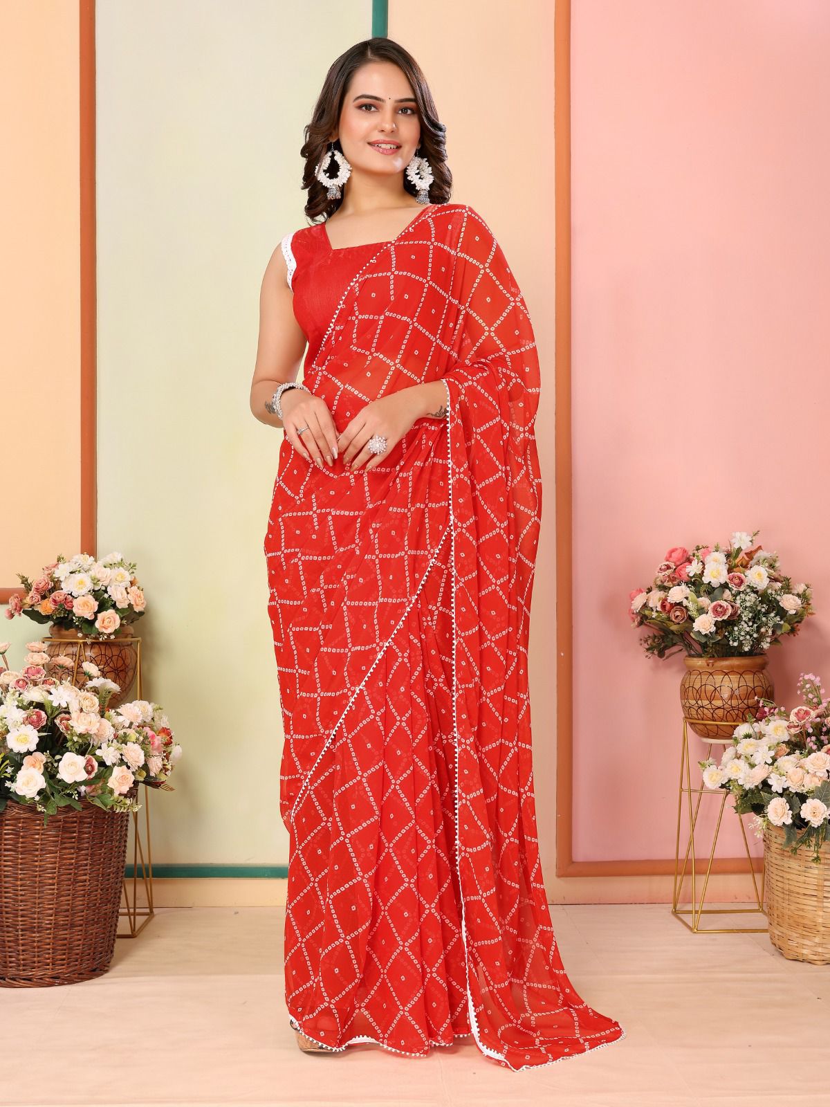 Ready To Wear Orange Color Chex Printed Saree