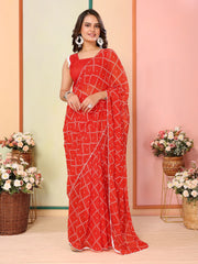 Ready To Wear Orange Color Chex Printed Saree