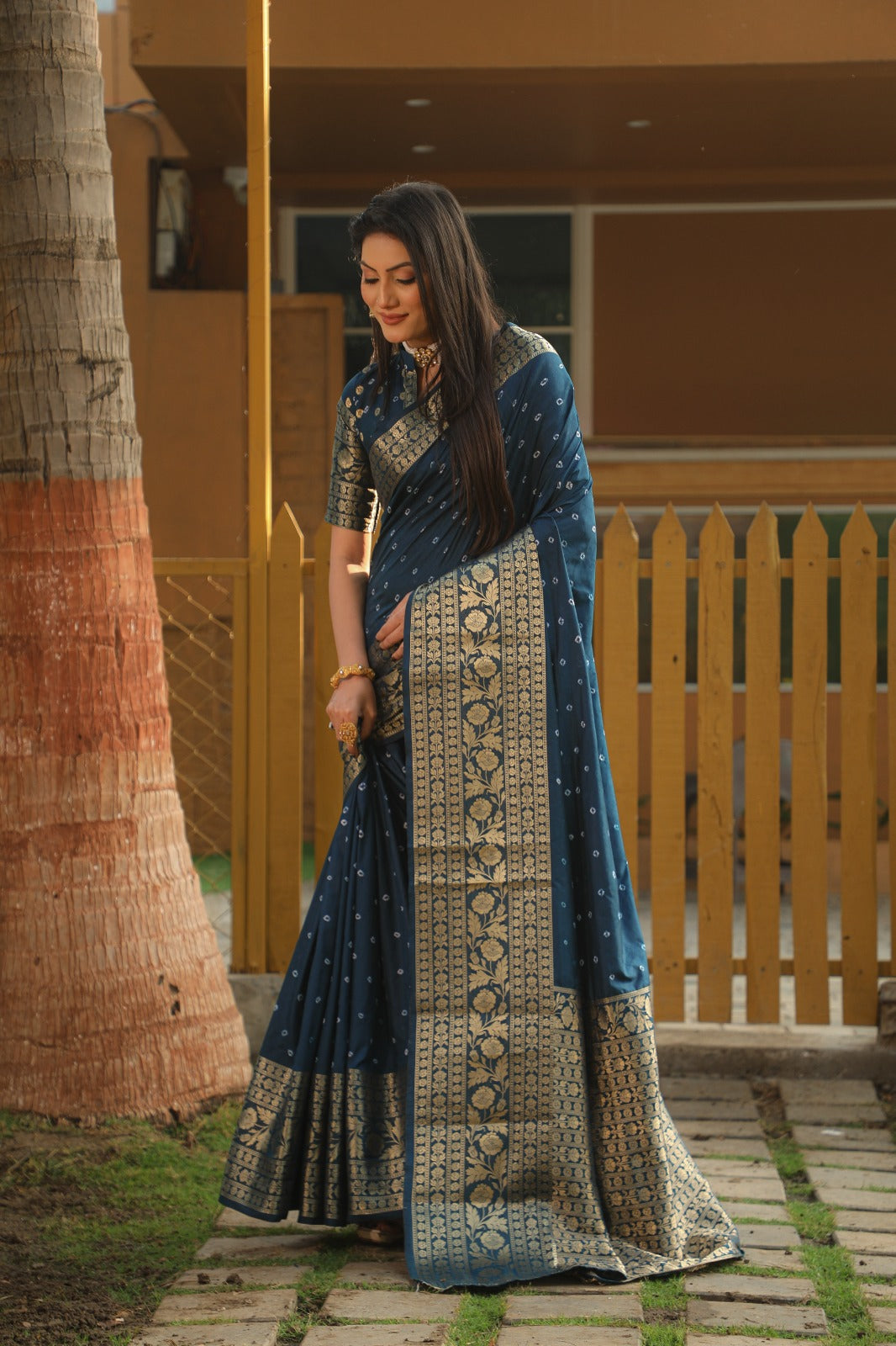 Bandhani With Kanjivaram Border Teal Blue Color Designer Saree