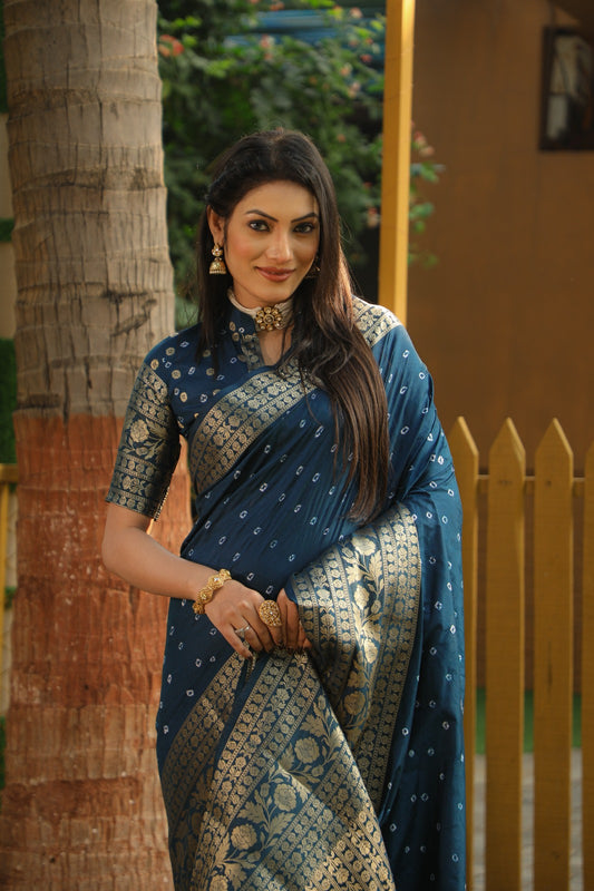 Bandhani With Kanjivaram Border Teal Blue Color Designer Saree