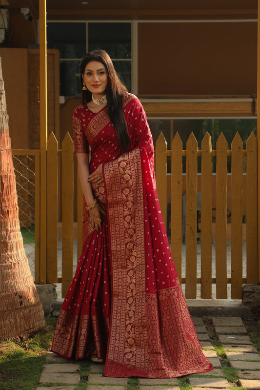 Bandhani With Kanjivaram Border Maroon Color Designer Saree