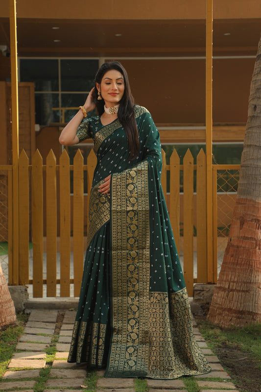 Bandhani With Kanjivaram Border Green Color Designer Saree