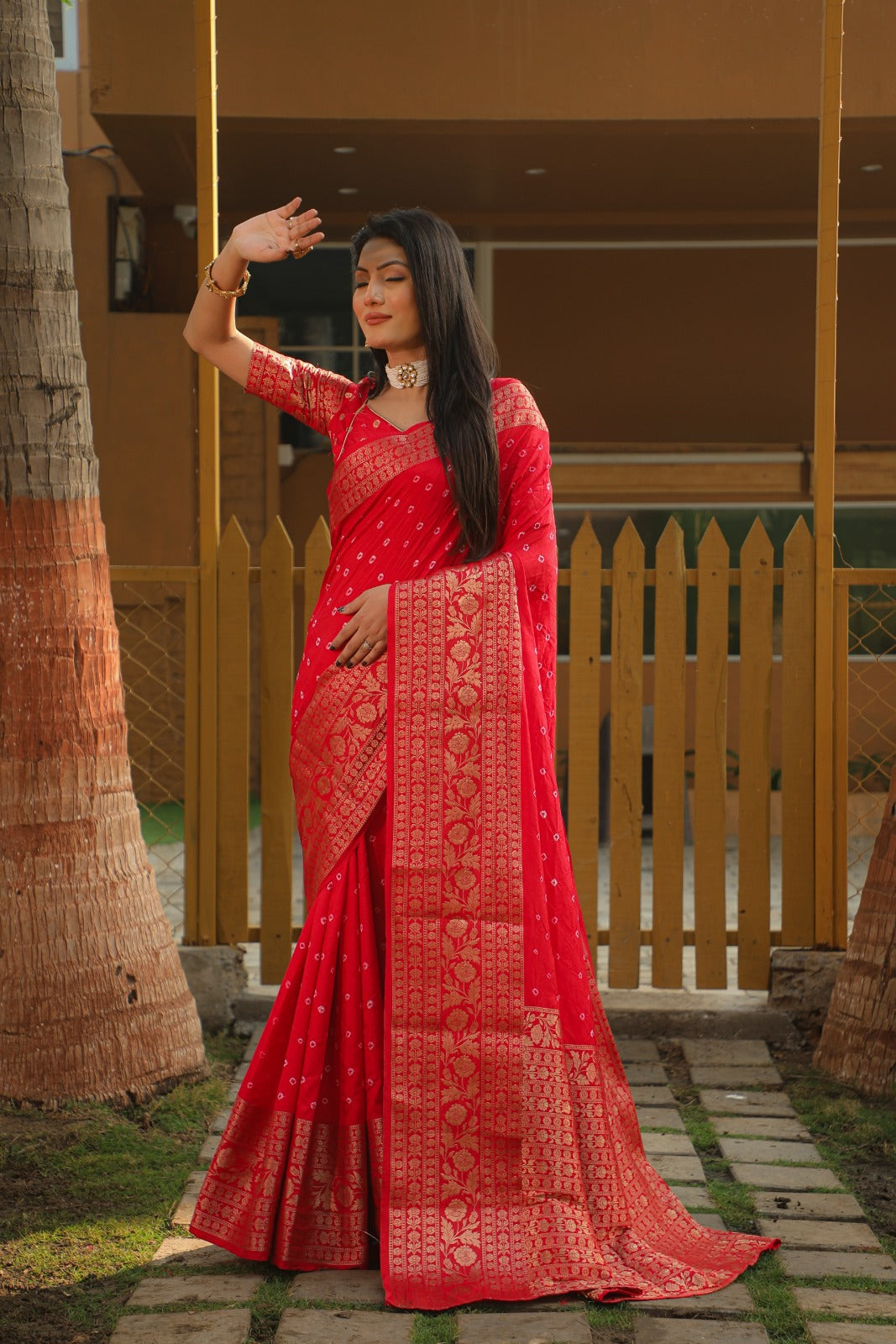 Bandhani With Kanjivaram Border Red Color Designer Saree