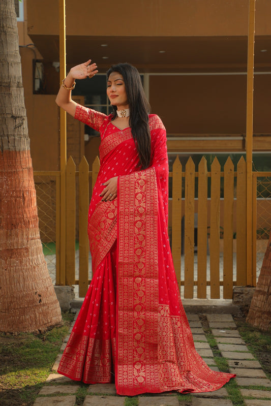 Bandhani With Kanjivaram Border Red Color Designer Saree