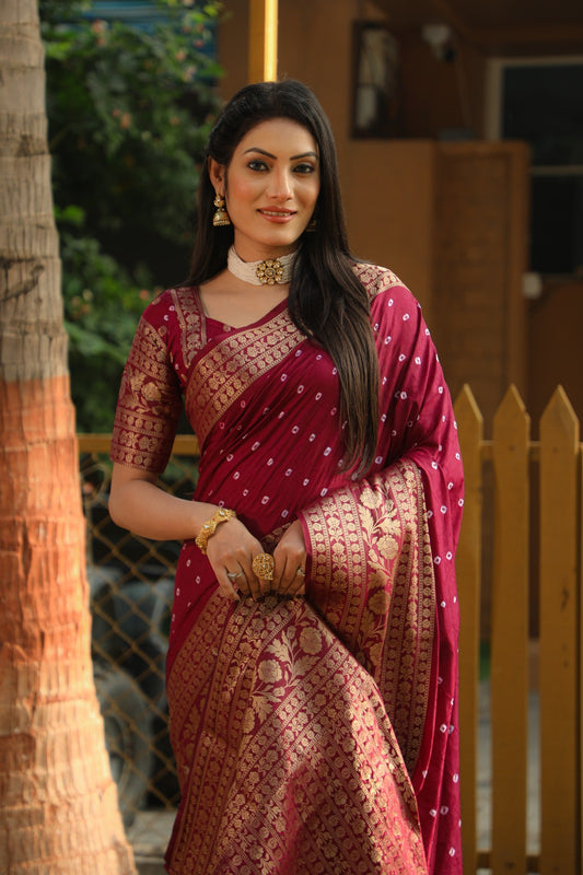 Bandhani With Kanjivaram Border Wine Color Designer Saree