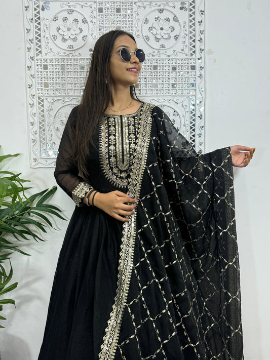 Black Color Embroidery WIth Sequence Work Gown With Dupatta