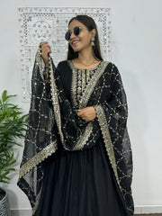 Black Color Embroidery WIth Sequence Work Gown With Dupatta