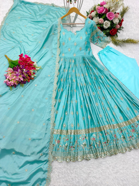 Superhit Sequence Embroidery Work Sky Blue Color Gown