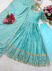 Superhit Sequence Embroidery Work Sky Blue Color Gown