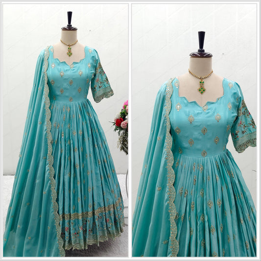 Superhit Sequence Embroidery Work Sky Blue Color Gown