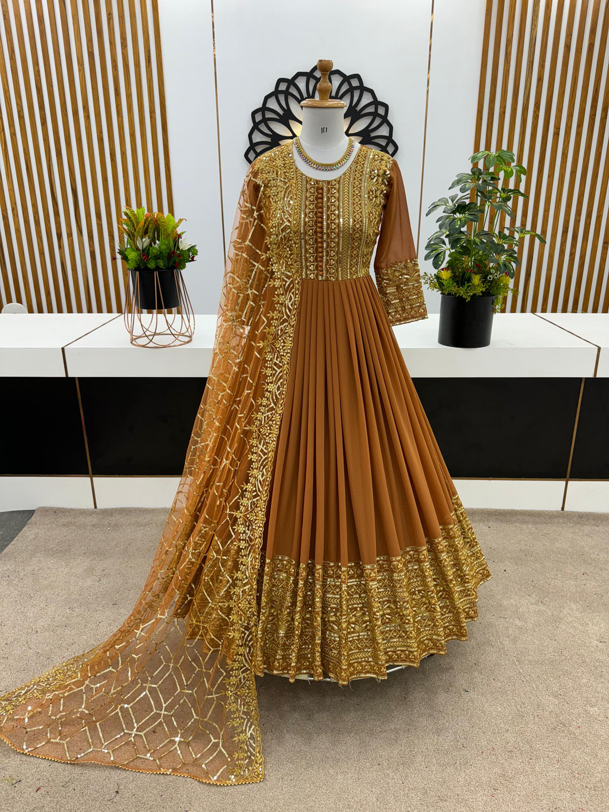 Admiring Beige Color Georgette Sequence Work Gown