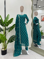 Delightful Georgette Thread With Moti Work Teal Blue Kurti Set