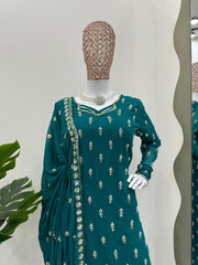 Delightful Georgette Thread With Moti Work Teal Blue Kurti Set