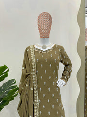 Delightful Georgette Thread With Moti Work Mehndi Kurti Set