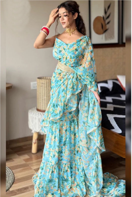 Beautiful Floral Print Sky Blue Lehenga Saree