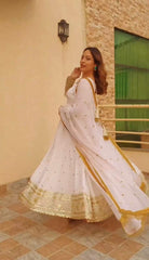 Decent Georgette Sequence Work White Color Gown