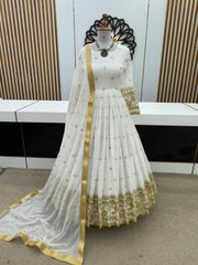 Decent Georgette Sequence Work White Color Gown