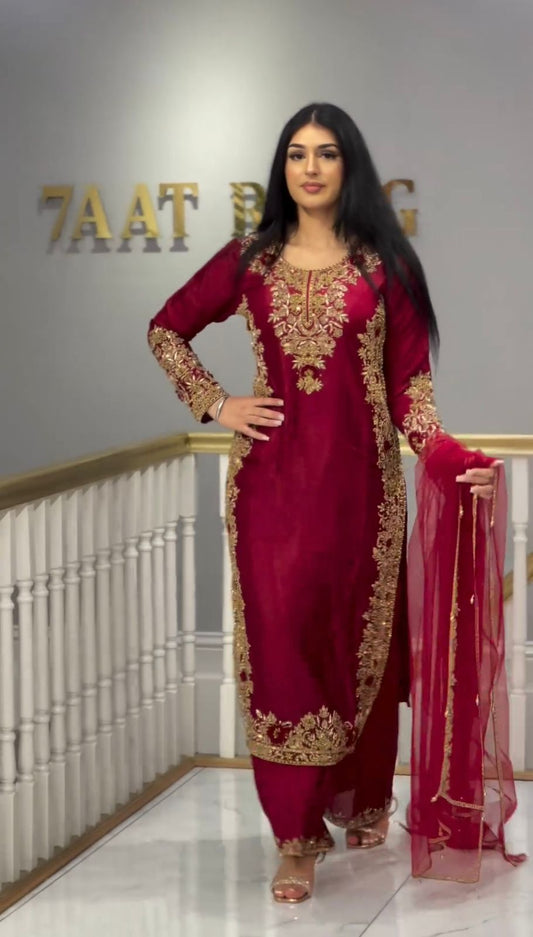 Festive Wear Roman Silk Red Color Palazzo Suit