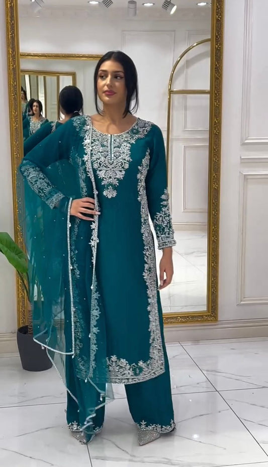 Festive Wear Roman Silk Green Color Palazzo Suit