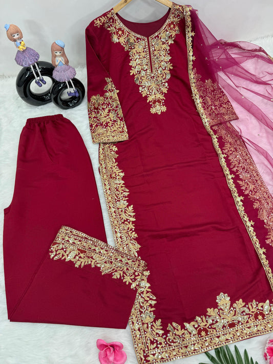 Festive Wear Roman Silk Red Color Palazzo Suit