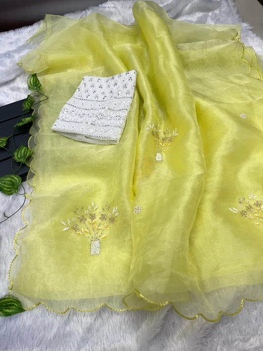 Ravishing Khatli Moti Work Yellow Organza Silk Saree