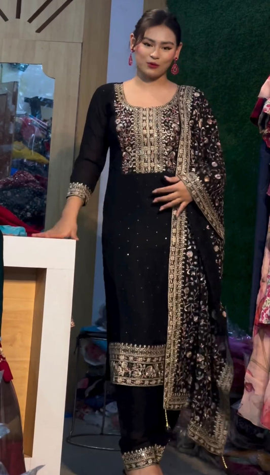 Adorable Chinon Silk Sequence Work Black Color Salwar Suit