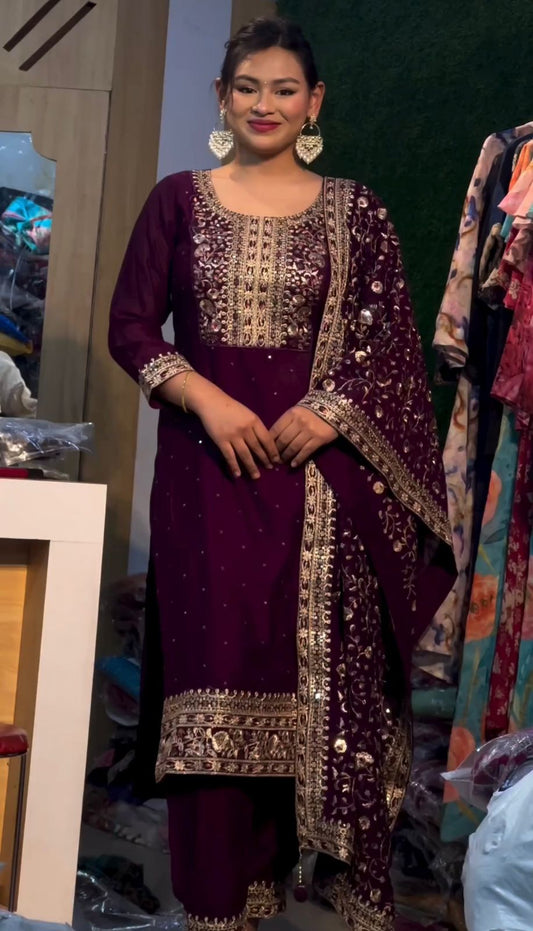 Adorable Chinon Silk Sequence Work Wine Color Salwar Suit