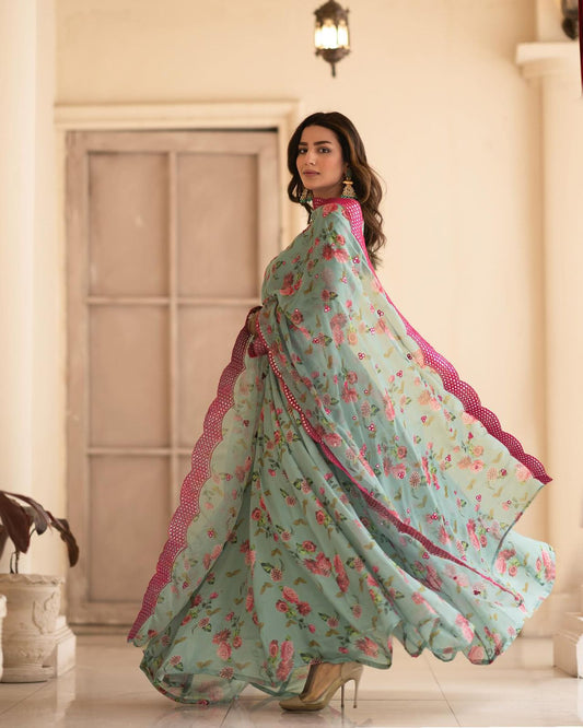 Unique Flower Print Sinon Pista Long Gown With Dupatta