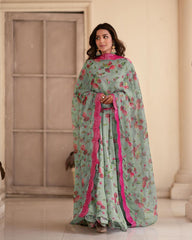 Unique Flower Print Sinon Pista Long Gown With Dupatta