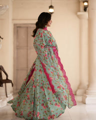 Unique Flower Print Sinon Pista Long Gown With Dupatta