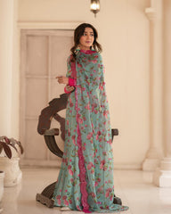 Unique Flower Print Sinon Pista Long Gown With Dupatta