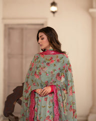 Unique Flower Print Sinon Pista Long Gown With Dupatta