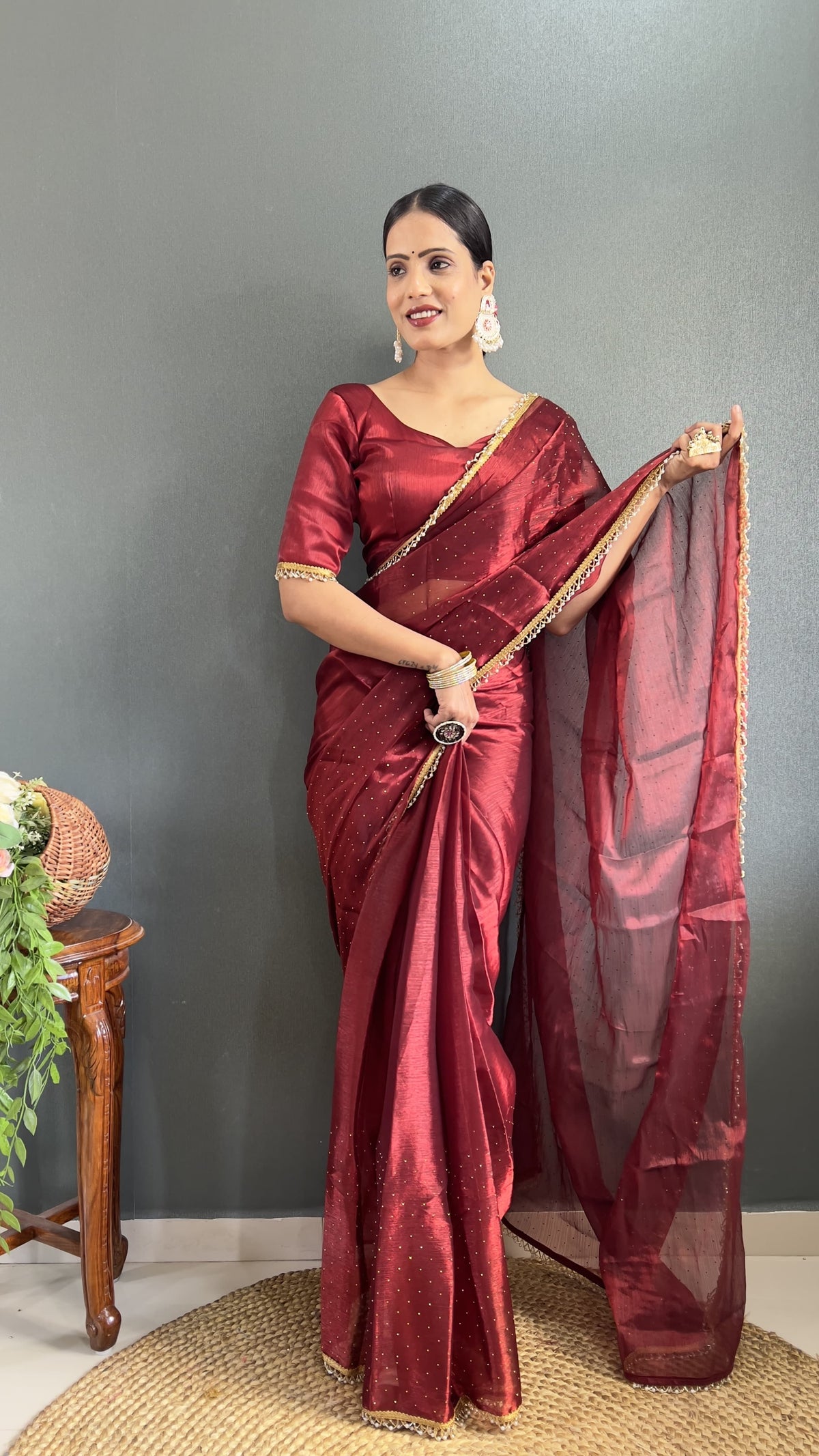 Beautiful Lace Border Maroon Color Ready To wear Saree