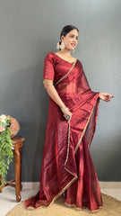 Beautiful Lace Border Maroon Color Ready To wear Saree