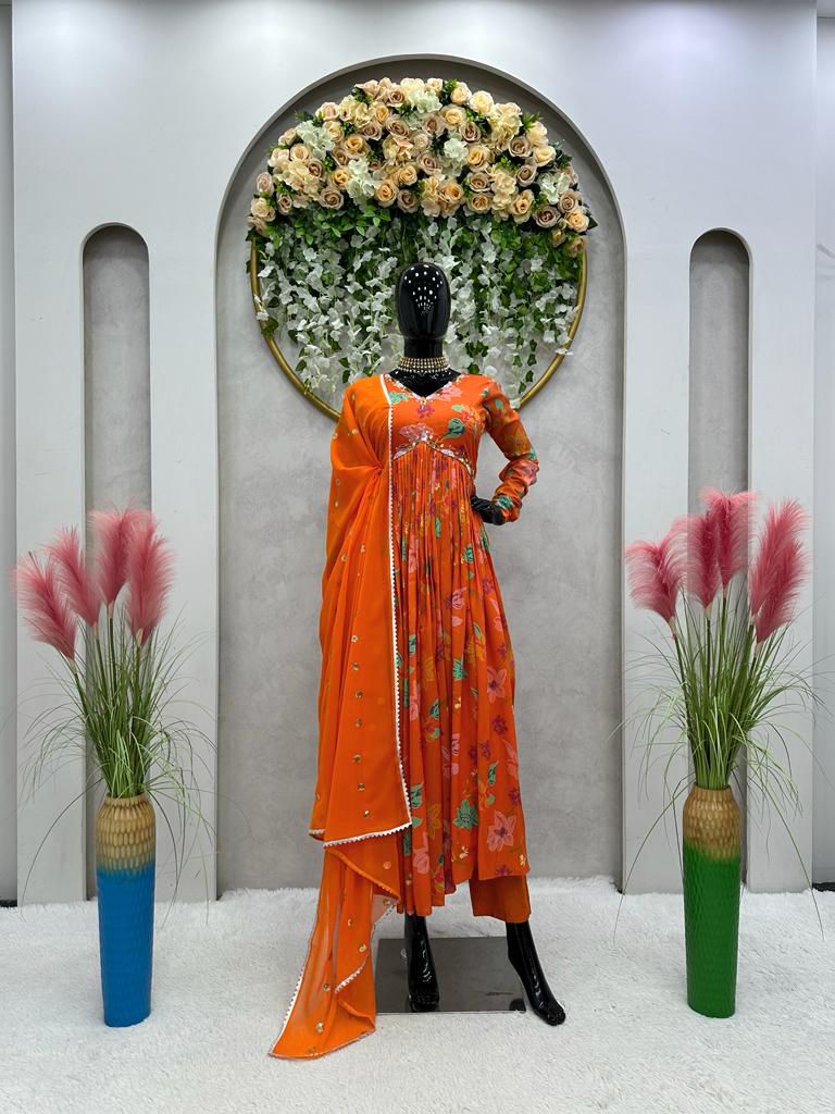 Awesome Alia Cut Orange Color Digital Print With Hand Work Anarkali Suit