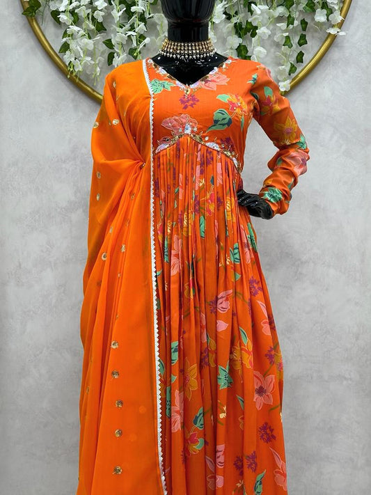 Awesome Alia Cut Orange Color Digital Print With Hand Work Anarkali Suit