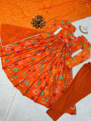 Awesome Alia Cut Orange Color Digital Print With Hand Work Anarkali Suit