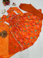 Awesome Alia Cut Orange Color Digital Print With Hand Work Anarkali Suit